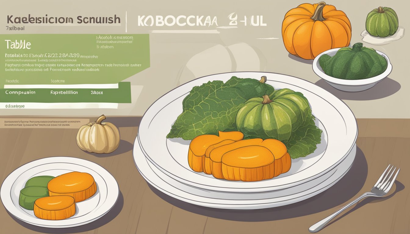 A table with two plates, one with kabocha squash and the other with pumpkin. A nutrition label and comparison chart are displayed next to each plate