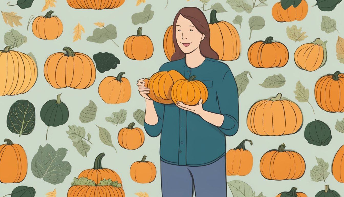 A person holding a kabocha squash and a pumpkin, comparing their size, texture, and color for a recipe substitution