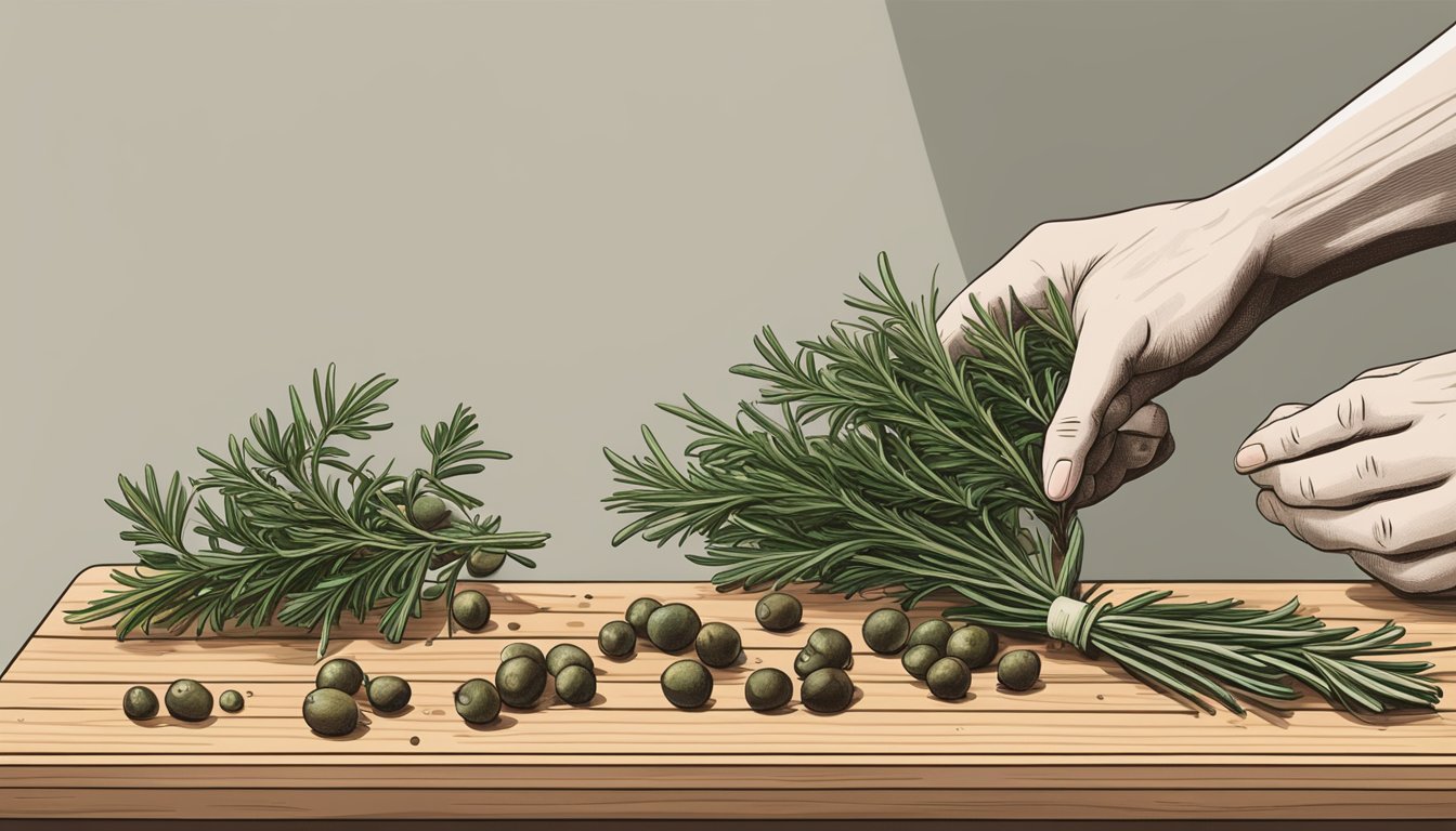 A hand reaching for juniper berries next to a sprig of rosemary on a cutting board