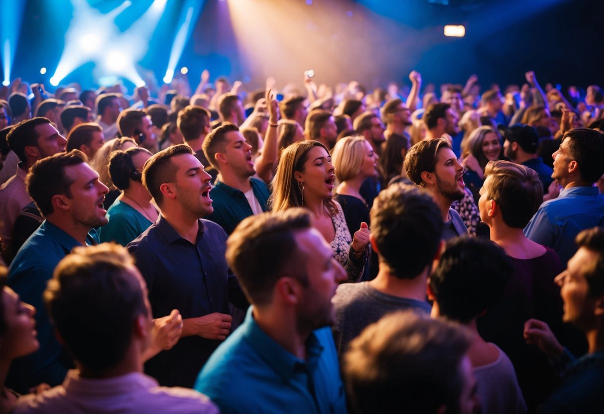 A crowded dance floor with people singing along to a familiar, overplayed song blaring from the speakers