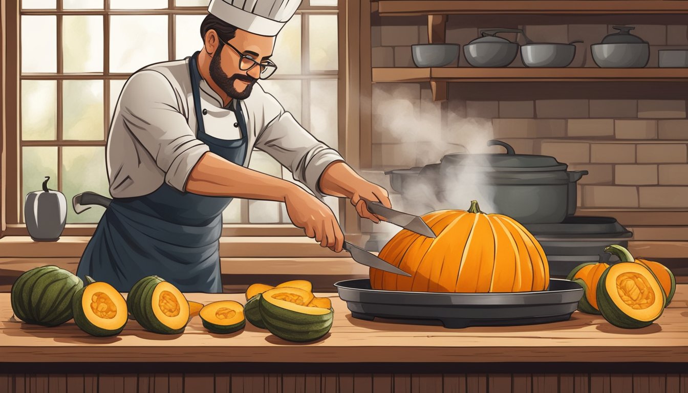 A chef slicing and roasting kabocha squash as a substitute for pumpkin in a rustic kitchen setting