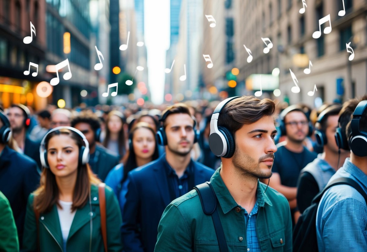 A crowded city street with people wearing headphones, all listening to the same overplayed song, with music notes floating in the air