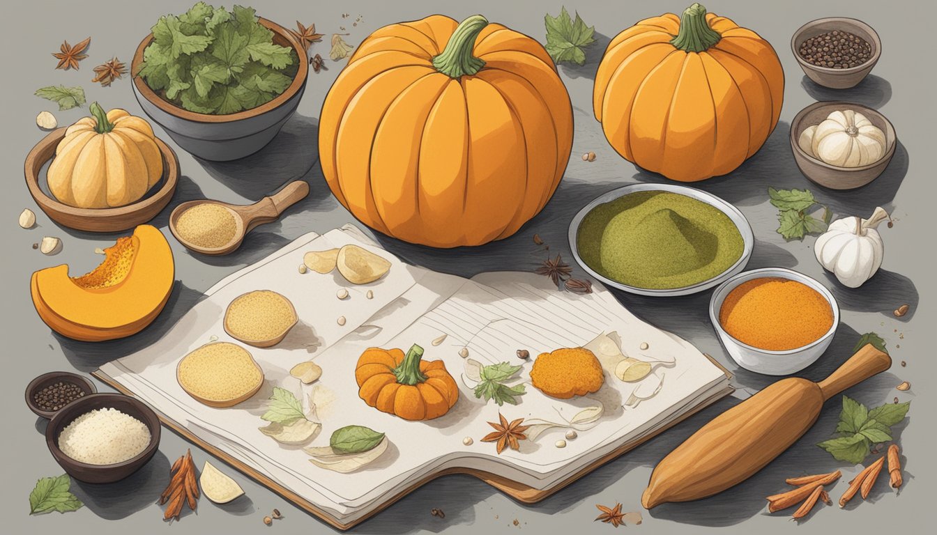 A kitchen counter with a kabocha squash and pumpkin, surrounded by various ingredients and spices, with a recipe book open to a page on flavor pairings