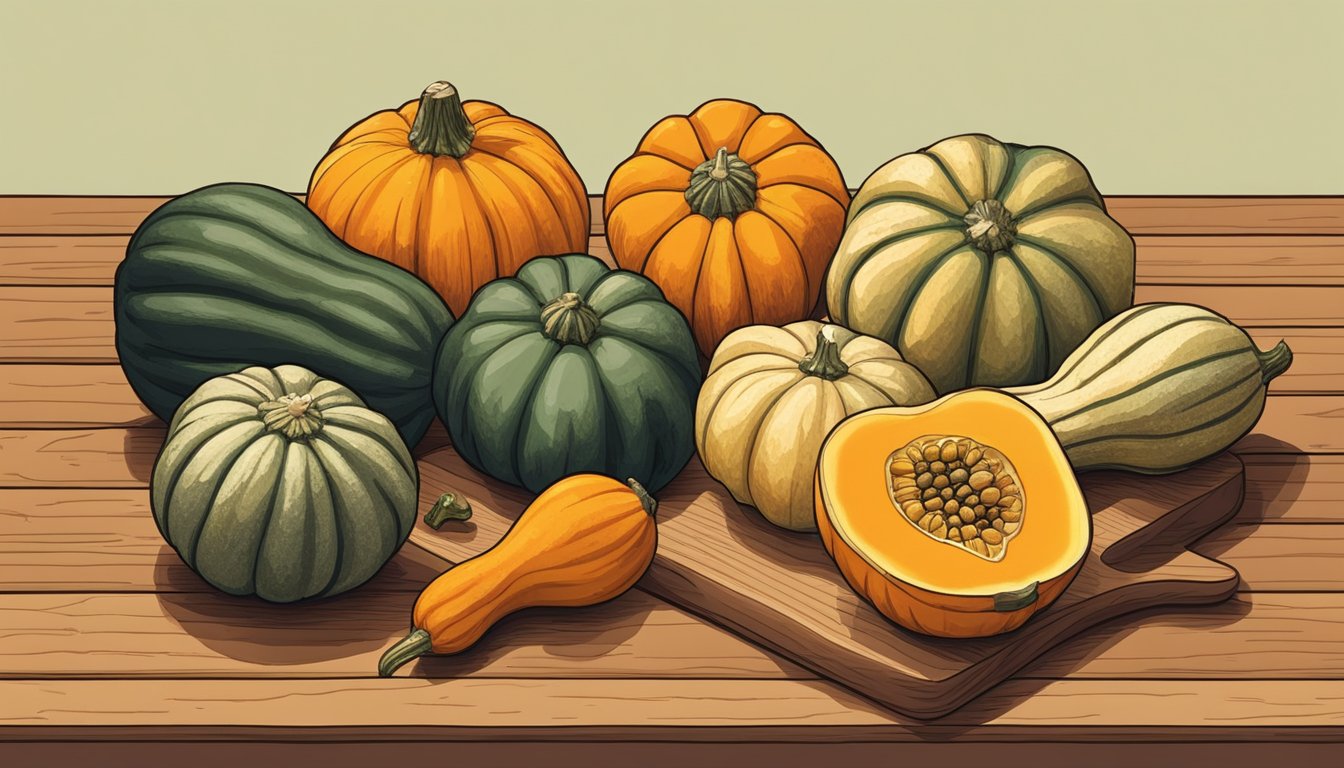 A colorful array of squash varieties, including kabocha and pumpkin, arranged on a wooden table with a knife and cutting board nearby