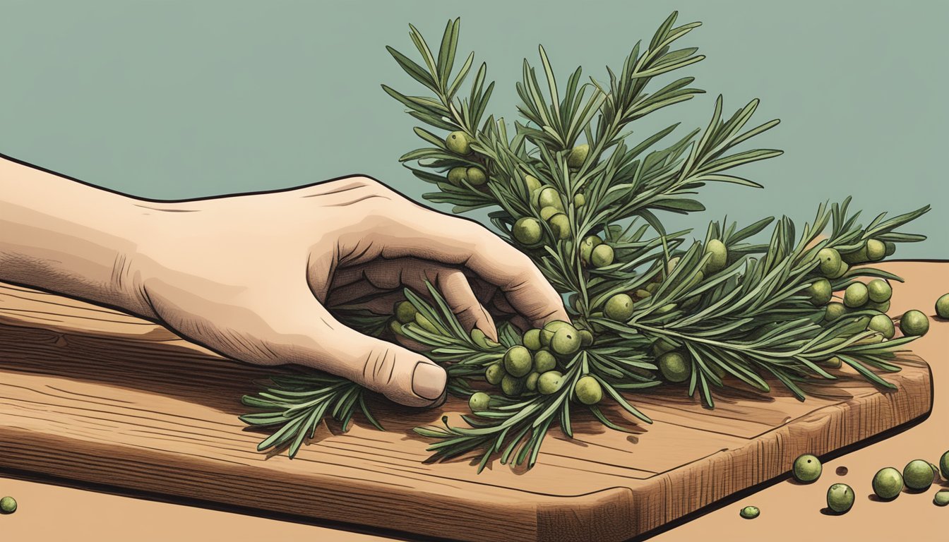 A hand reaching for juniper berries next to a sprig of rosemary on a wooden cutting board