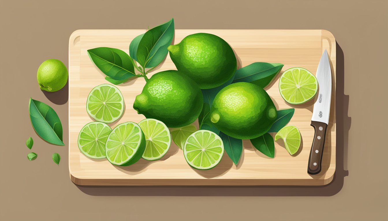 Kaffir lime leaves and lime zest on a cutting board with a knife