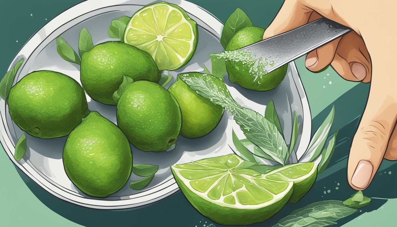 A hand reaching for a kaffir lime leaf and a zester, with a bowl of grated lime zest nearby