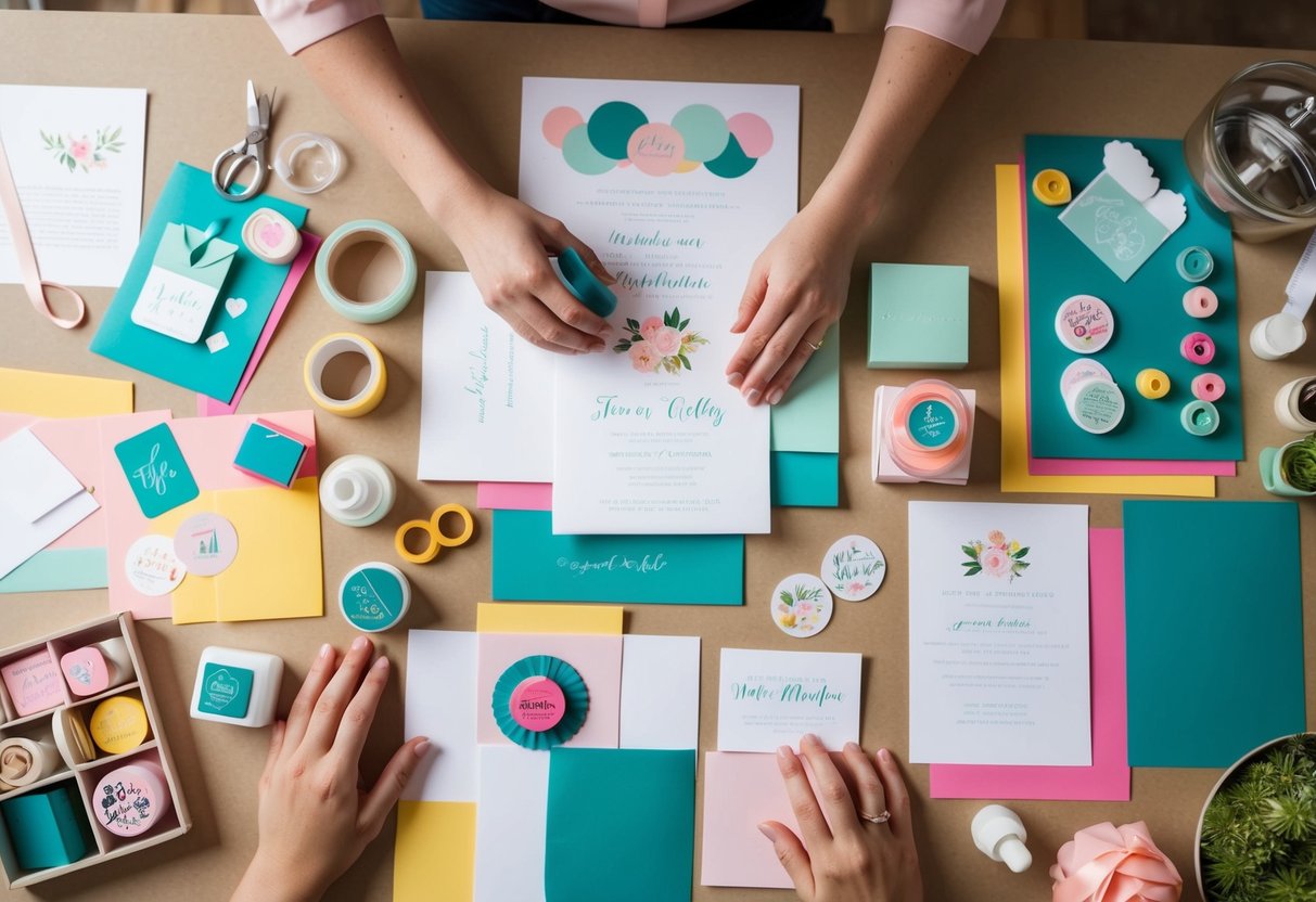A table with various craft supplies and tools spread out, including colorful paper, ribbons, stamps, and glue, as someone works on creating DIY wedding invitations