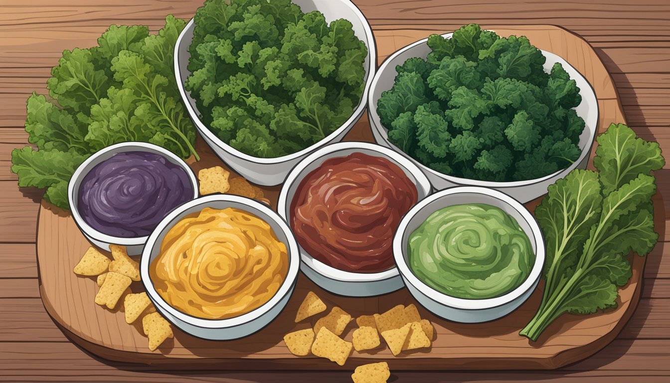 A bowl of kale chips surrounded by colorful, nutrient-rich dips on a wooden serving board