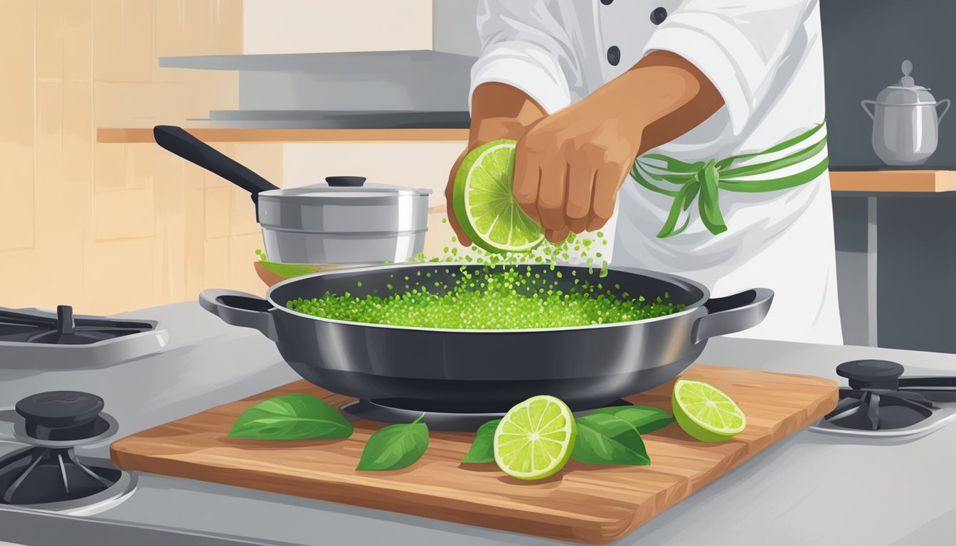 A chef sprinkles kaffir lime leaves into a sizzling pan, infusing the air with a citrusy aroma