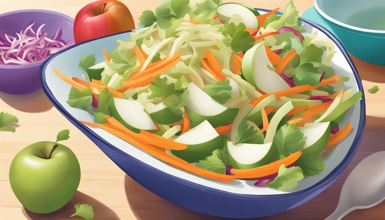 Jicama slices replacing apples in a colorful slaw bowl