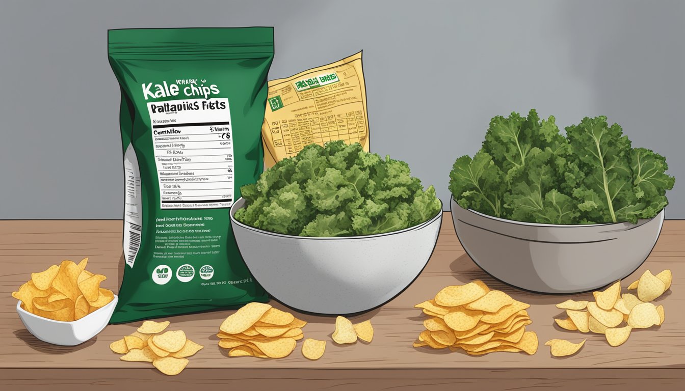 A bowl of kale chips sits next to a bag of potato chips, surrounded by various ingredient labels and a nutrition facts panel