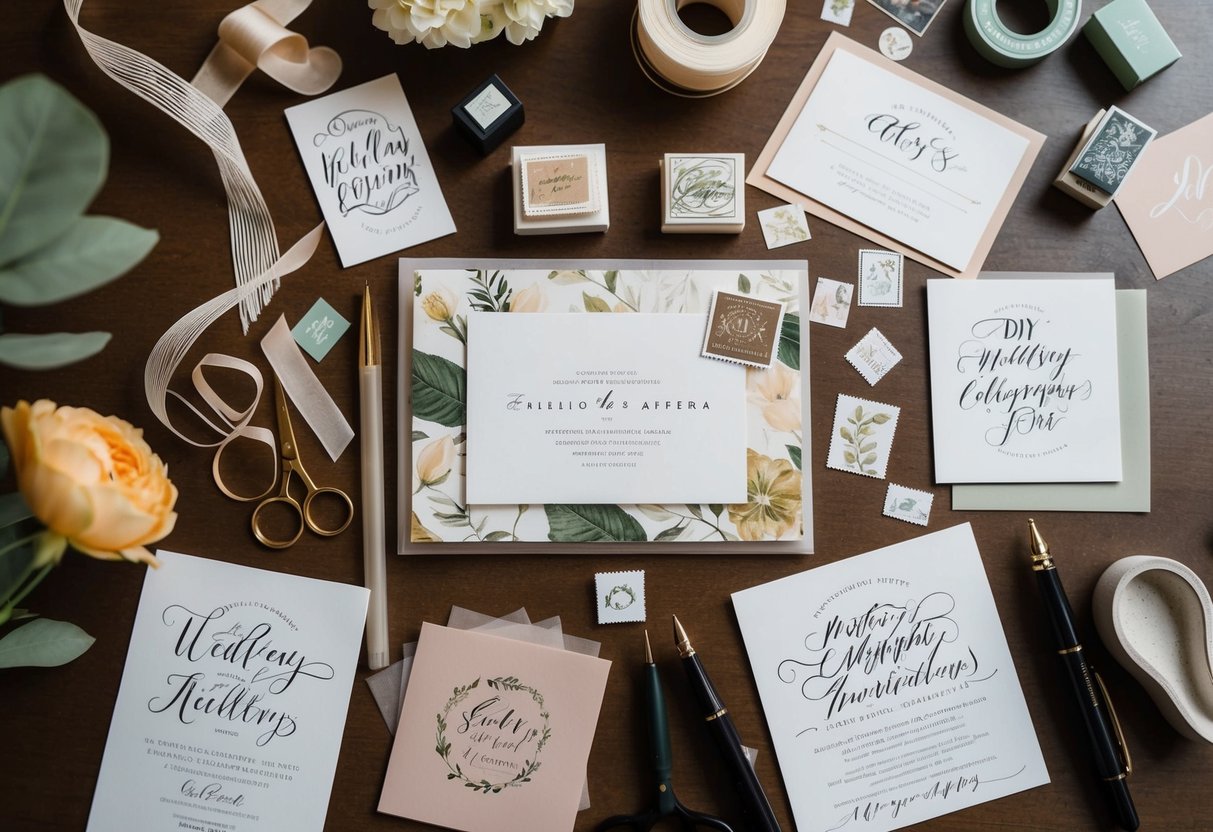 A table scattered with decorative paper, ribbons, stamps, and calligraphy pens for DIY wedding invitations