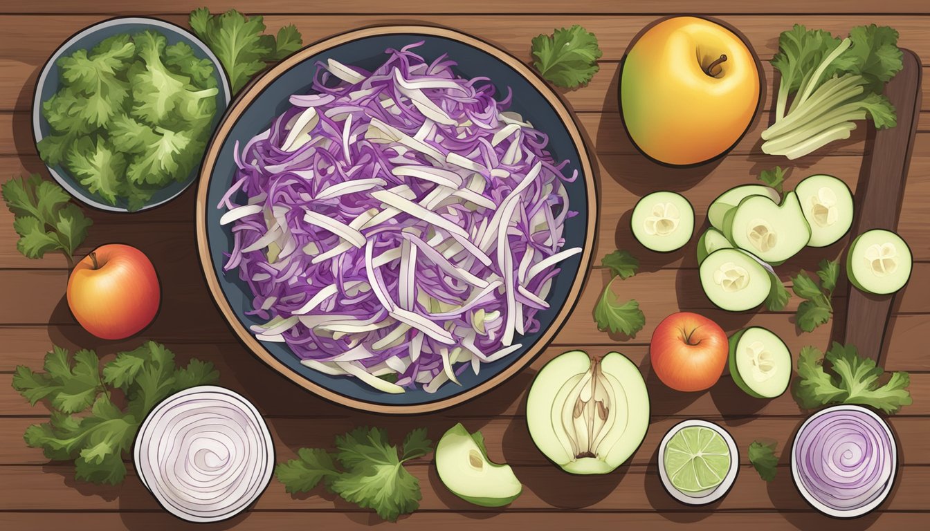 A bowl of colorful slaw with jicama slices instead of apples, surrounded by fresh ingredients and a cutting board