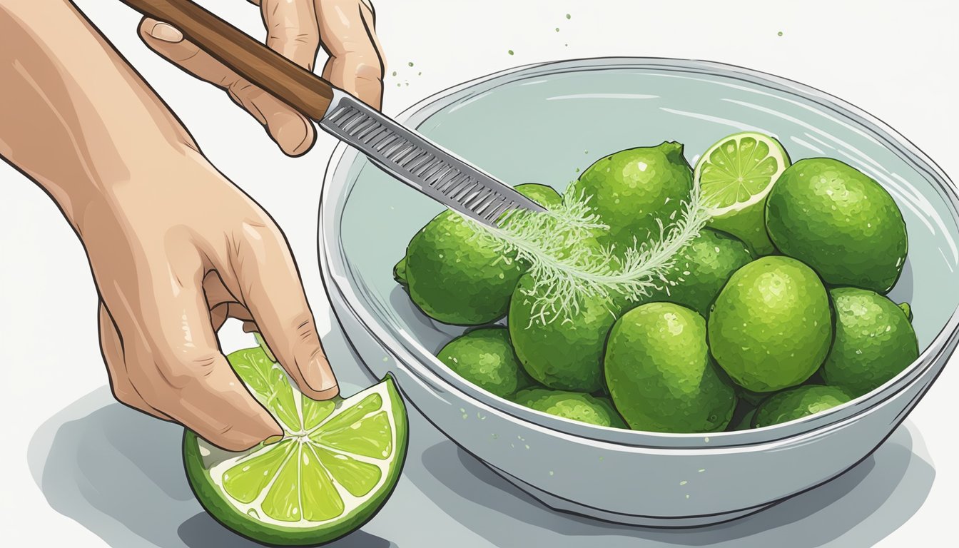 A hand reaching for a kaffir lime leaf and a zester next to a bowl of grated lime zest