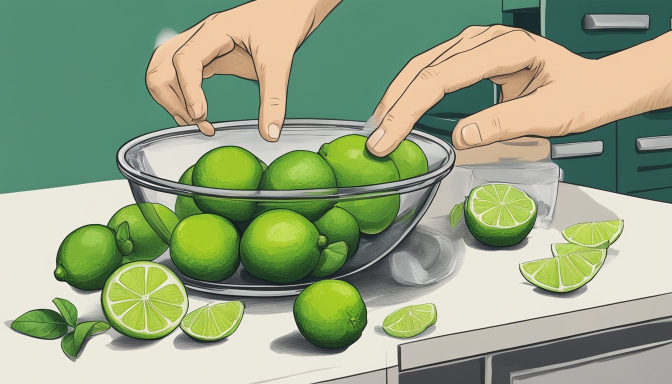 A hand reaching for a kaffir lime, a zester, and a bowl of lime zest on a kitchen counter