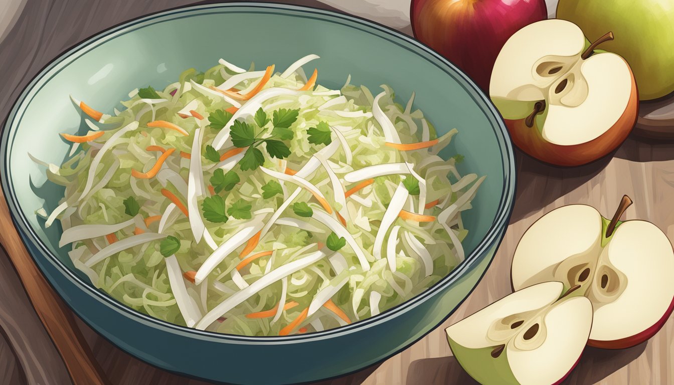 A bowl of slaw with sliced jicama and apple, side by side. Ingredients and a knife nearby