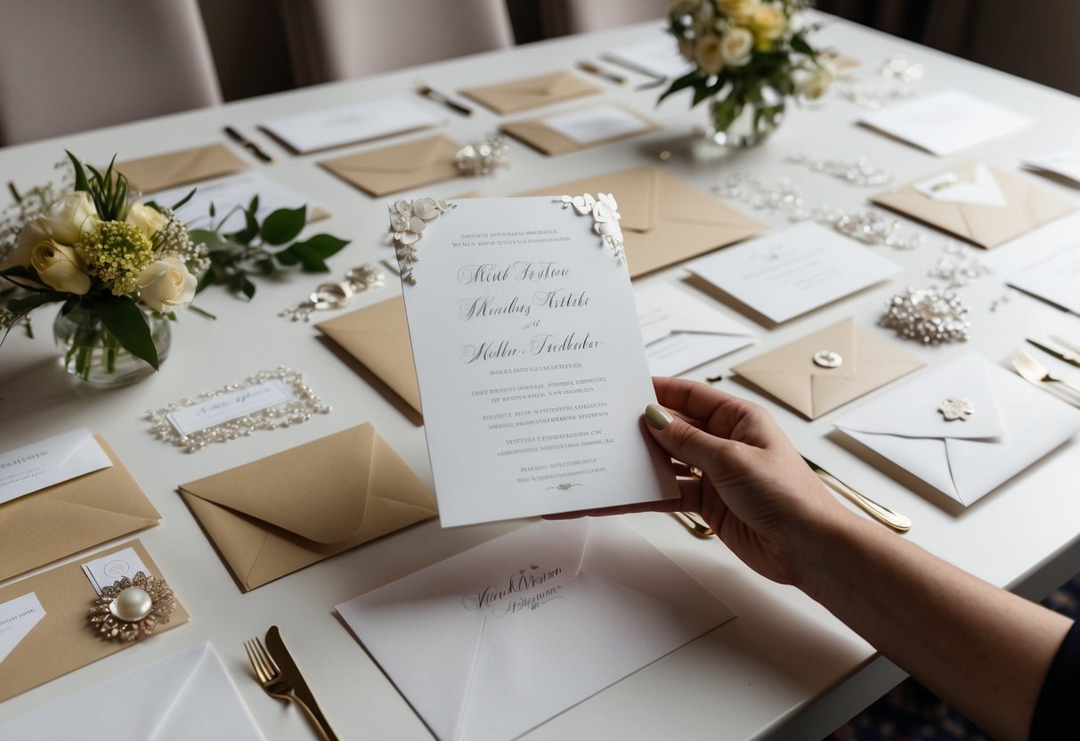 A table scattered with elegant paper, envelopes, and decorative embellishments. A completed wedding invitation held up by a hand, ready to be sent