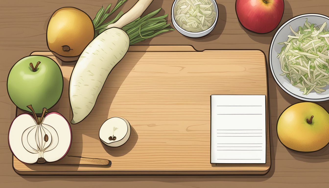 A cutting board with jicama and apples, a knife slicing the jicama, a bowl of slaw, and a recipe book open to the substitution page