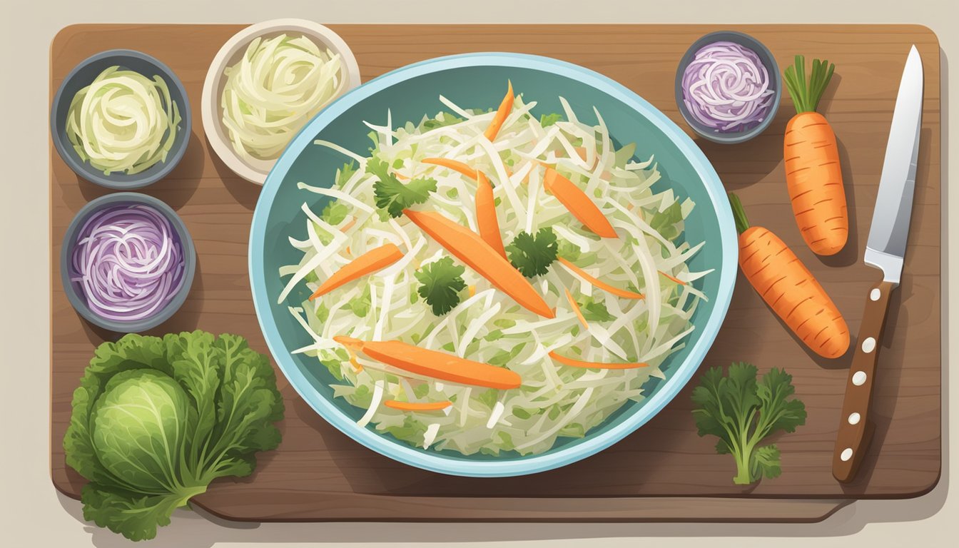 A bowl of slaw with jicama slices, carrots, and cabbage. Ingredients and a knife on a cutting board