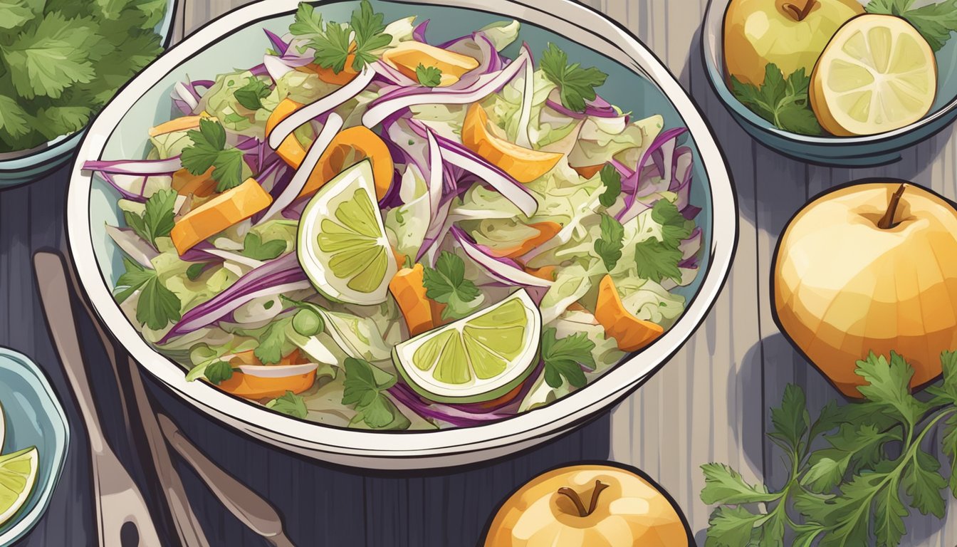 A bowl of colorful slaw with jicama slices replacing apples, garnished with fresh herbs and served alongside grilled fish