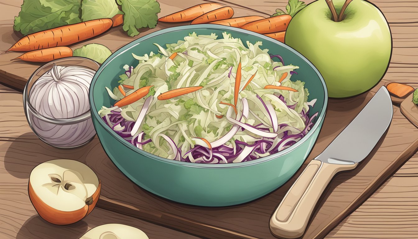 A bowl of slaw with jicama slices, carrots, and cabbage, with a side of sliced apples on a cutting board