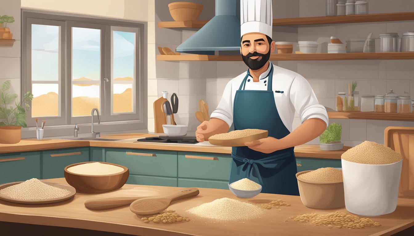 A chef in a kitchen, holding a bag of kamut and spelt flour, with various baking ingredients and utensils on the counter