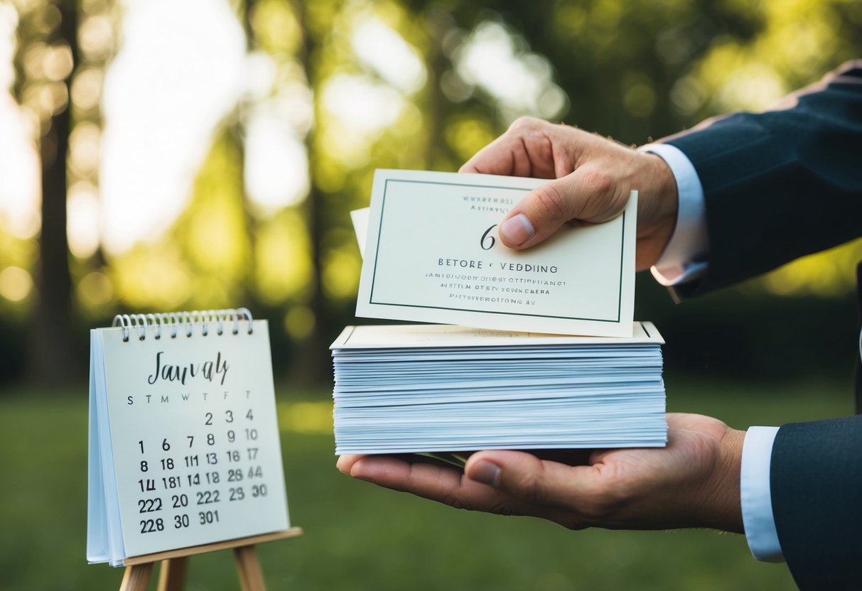 A hand holding a stack of wedding invitations with a calendar showing the date 6 weeks before the wedding