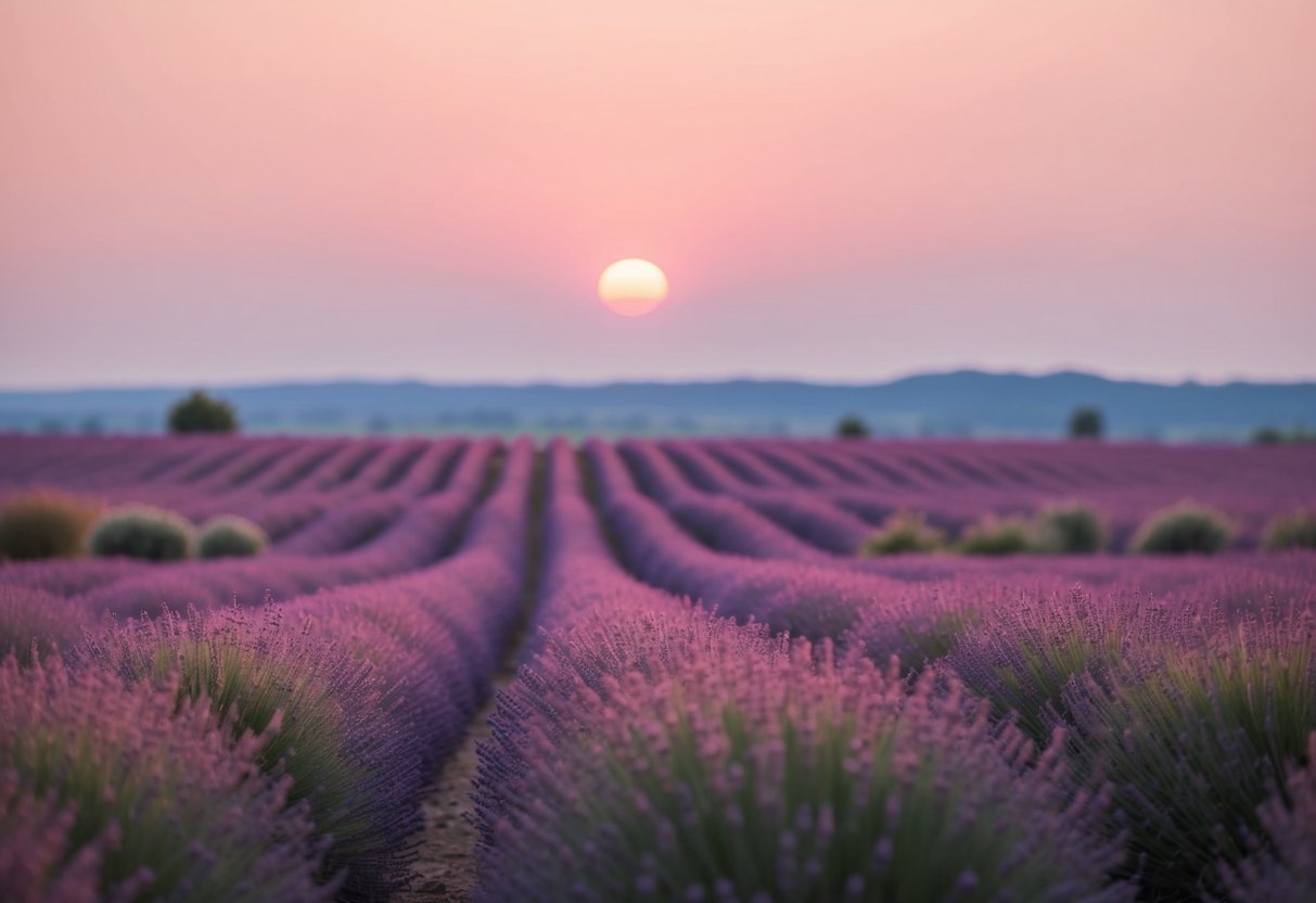 A soft, pale pink sunset over a tranquil, lavender field