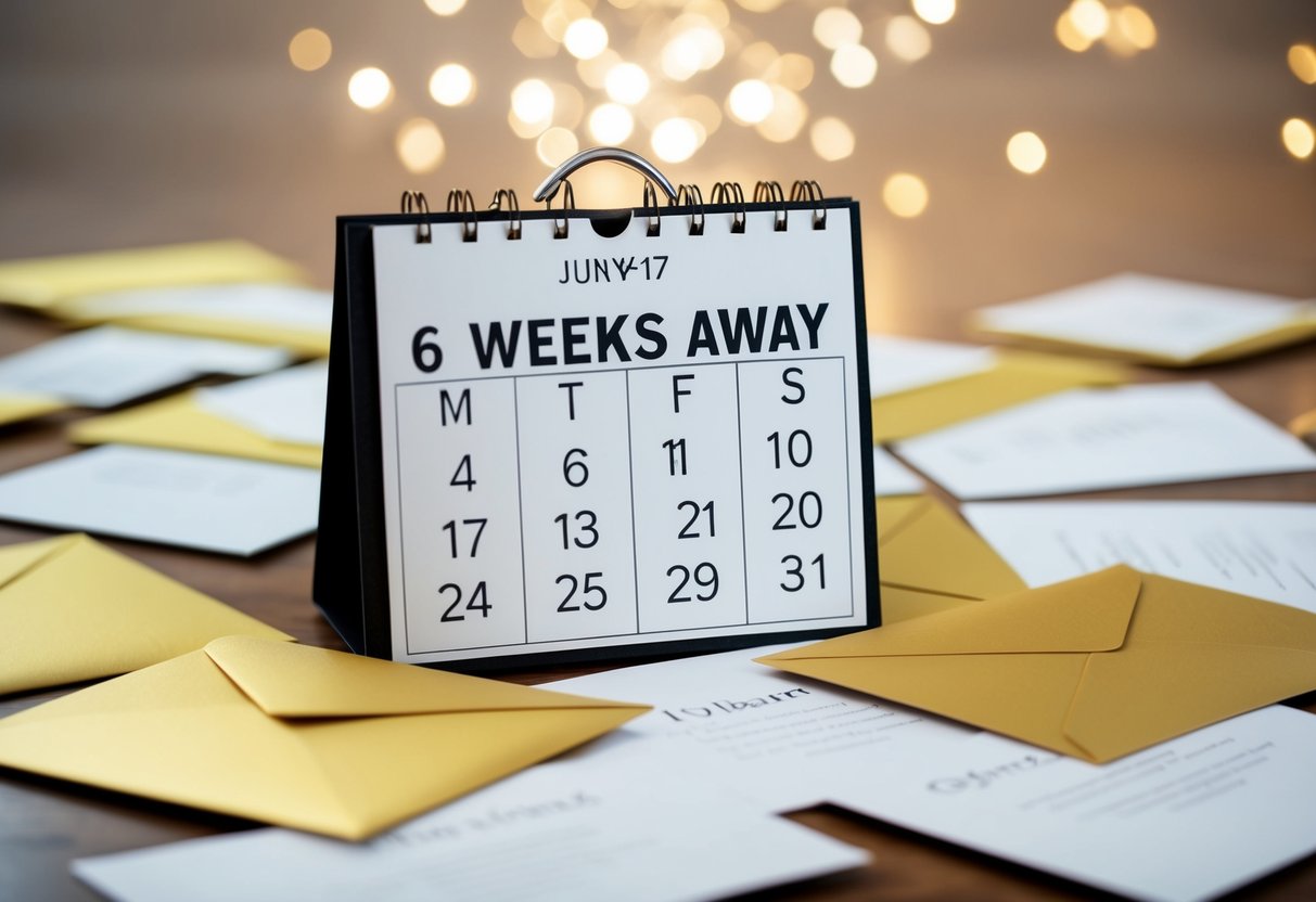 A calendar with a wedding date 6 weeks away, surrounded by scattered, unmailed invitations