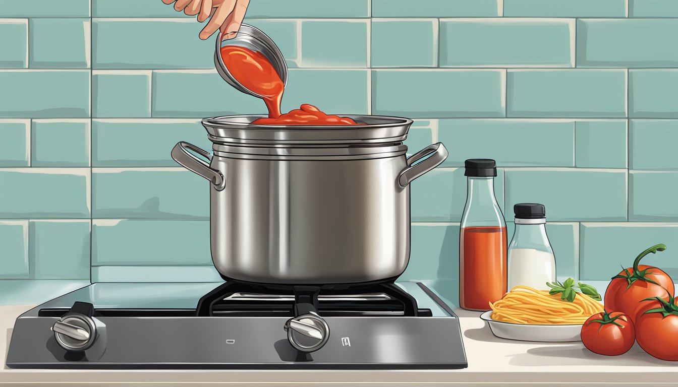 A bottle of ketchup pouring into a pot of simmering tomato sauce on a stovetop