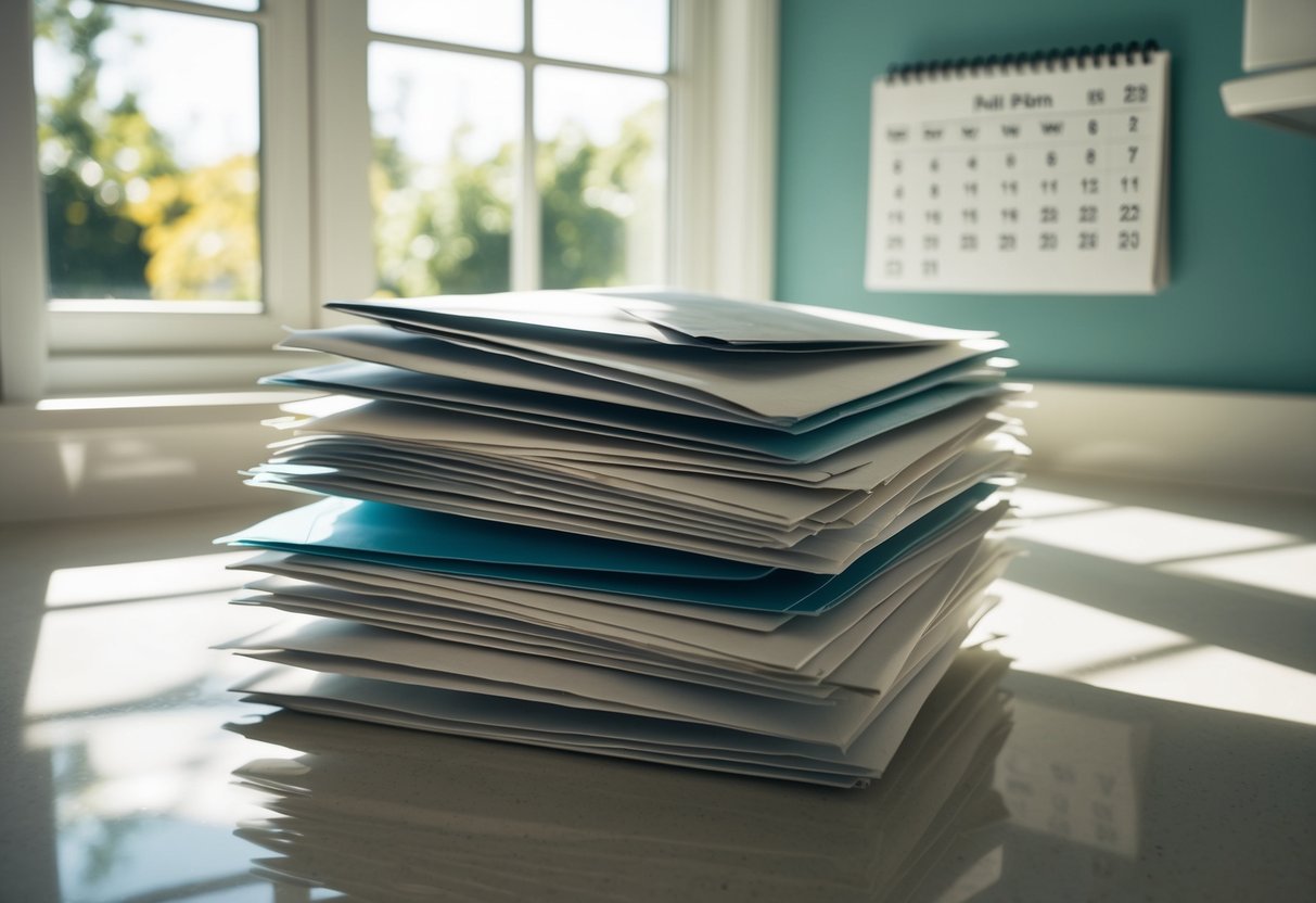 A stack of unopened mail sits on a kitchen counter, sunlight streaming through the window onto the envelopes. A calendar on the wall shows the date six weeks before a wedding