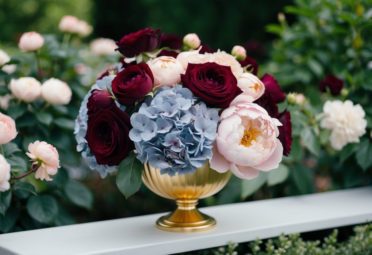 A lush garden with deep burgundy roses, dusty blue hydrangeas, and soft blush peonies arranged in a gold-trimmed vase
