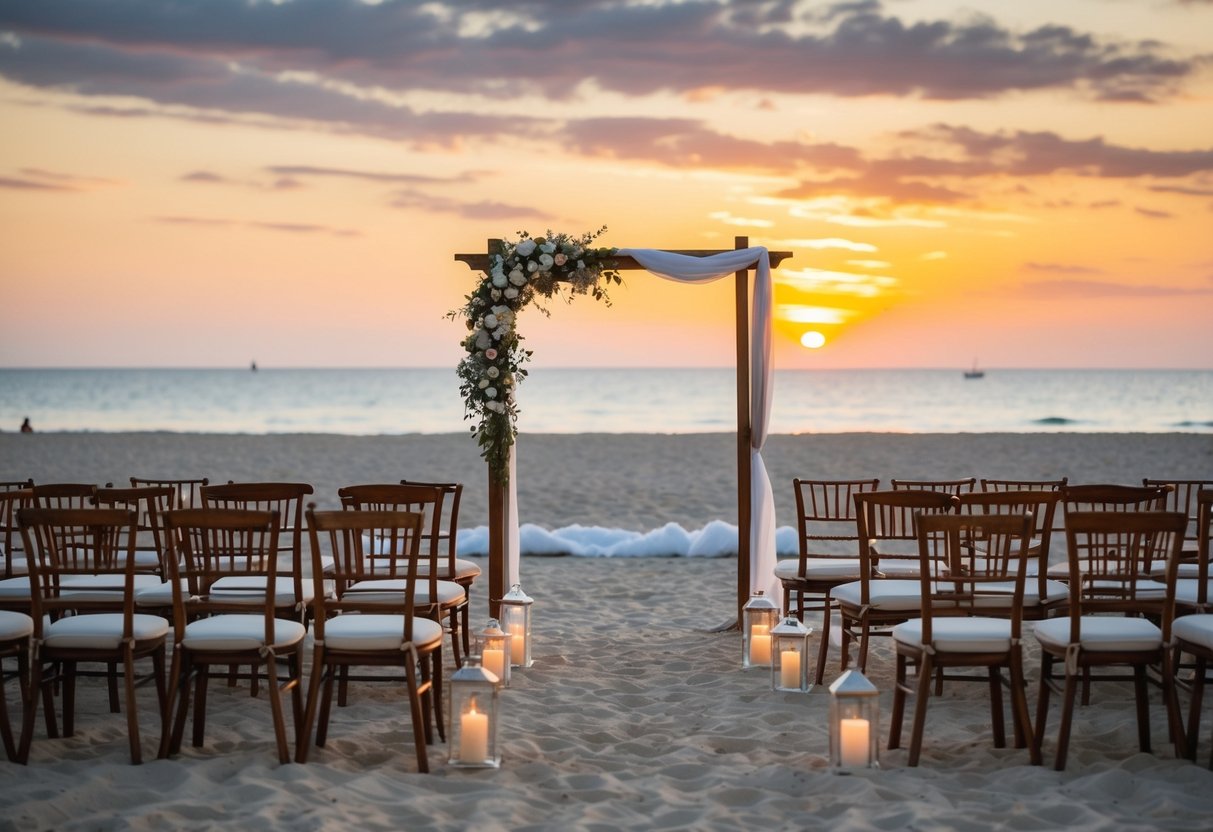 A beach with a wedding setup, including chairs, an arch, and decorations, with a beautiful sunset in the background
