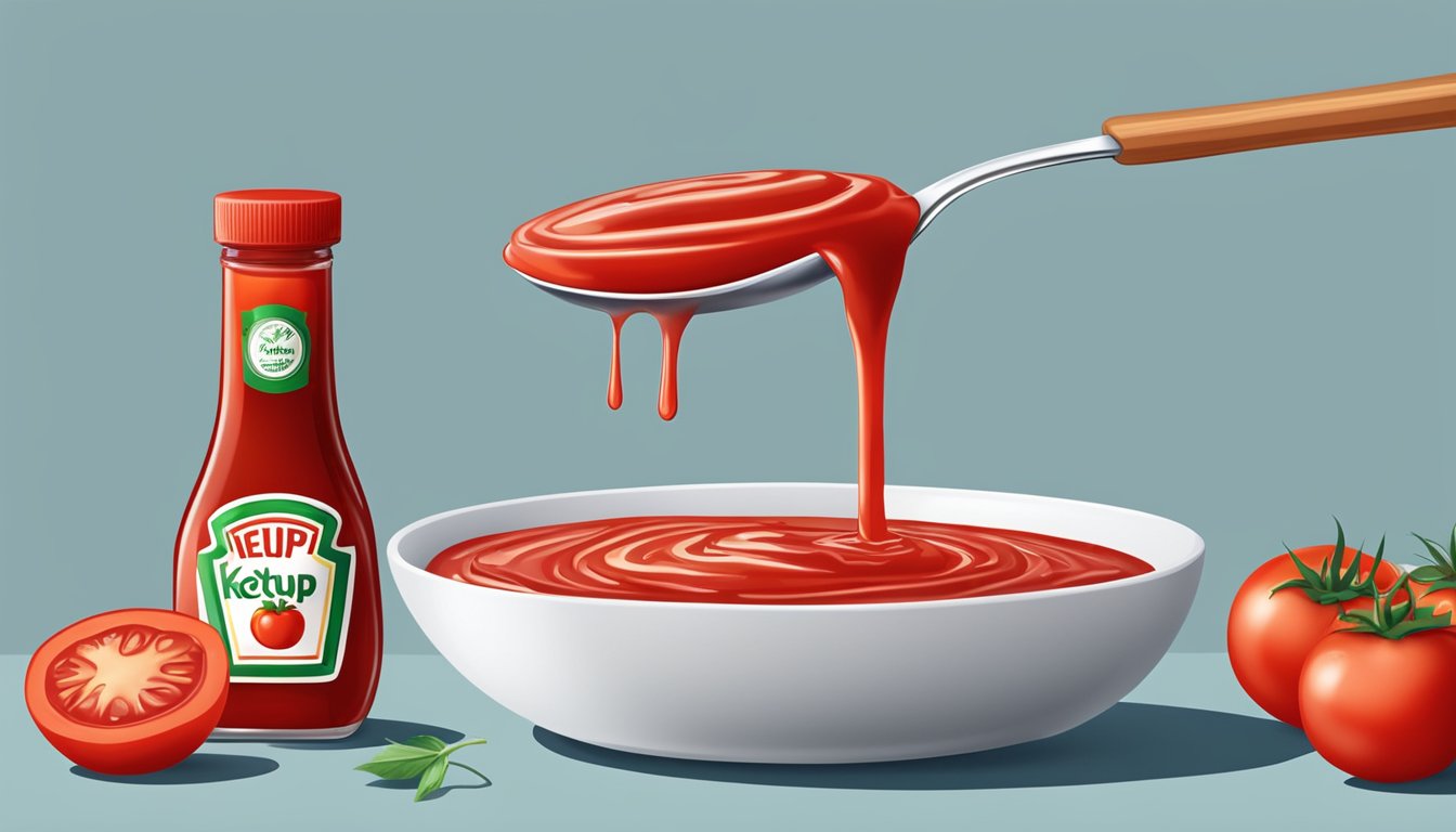 A bottle of ketchup pouring onto a spoon, with a bowl of tomato sauce next to it