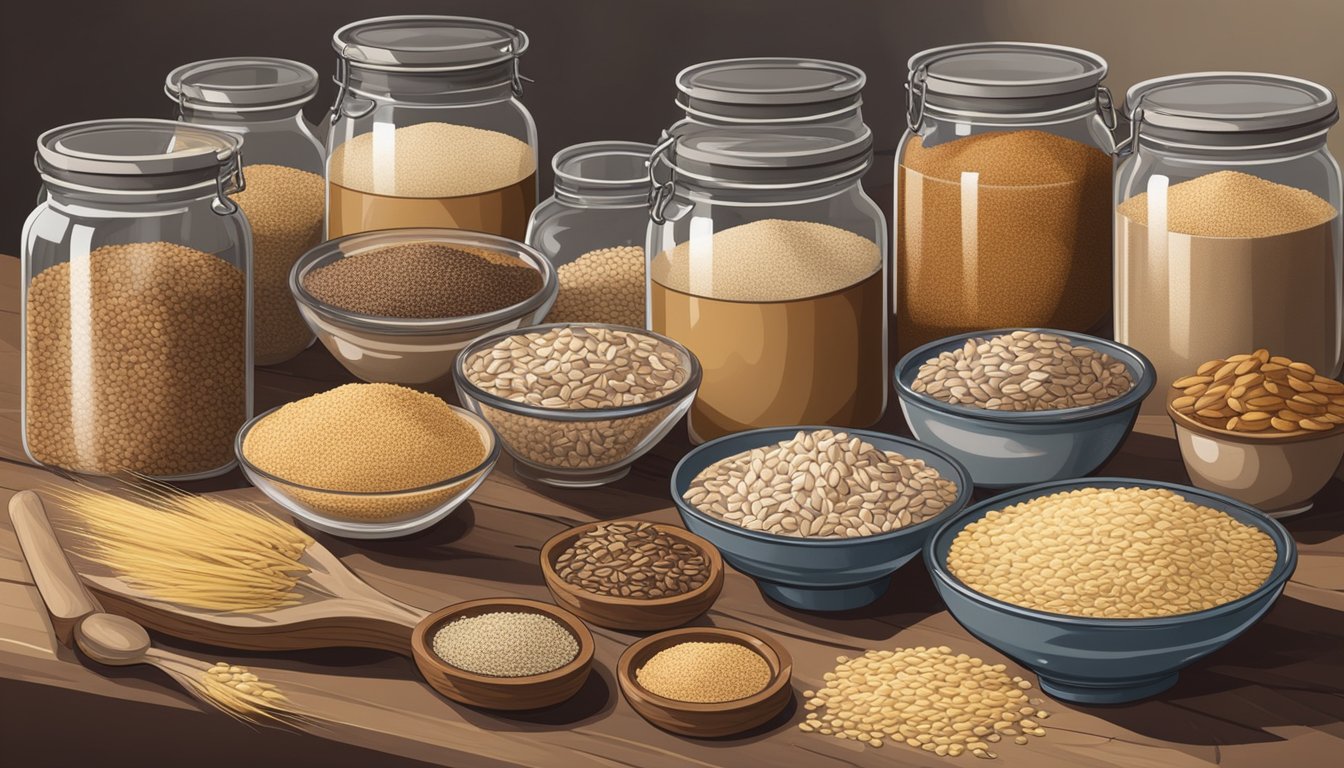 A rustic kitchen counter with a bowl of kamut and spelt, surrounded by various alternative grains and flours in jars and bags