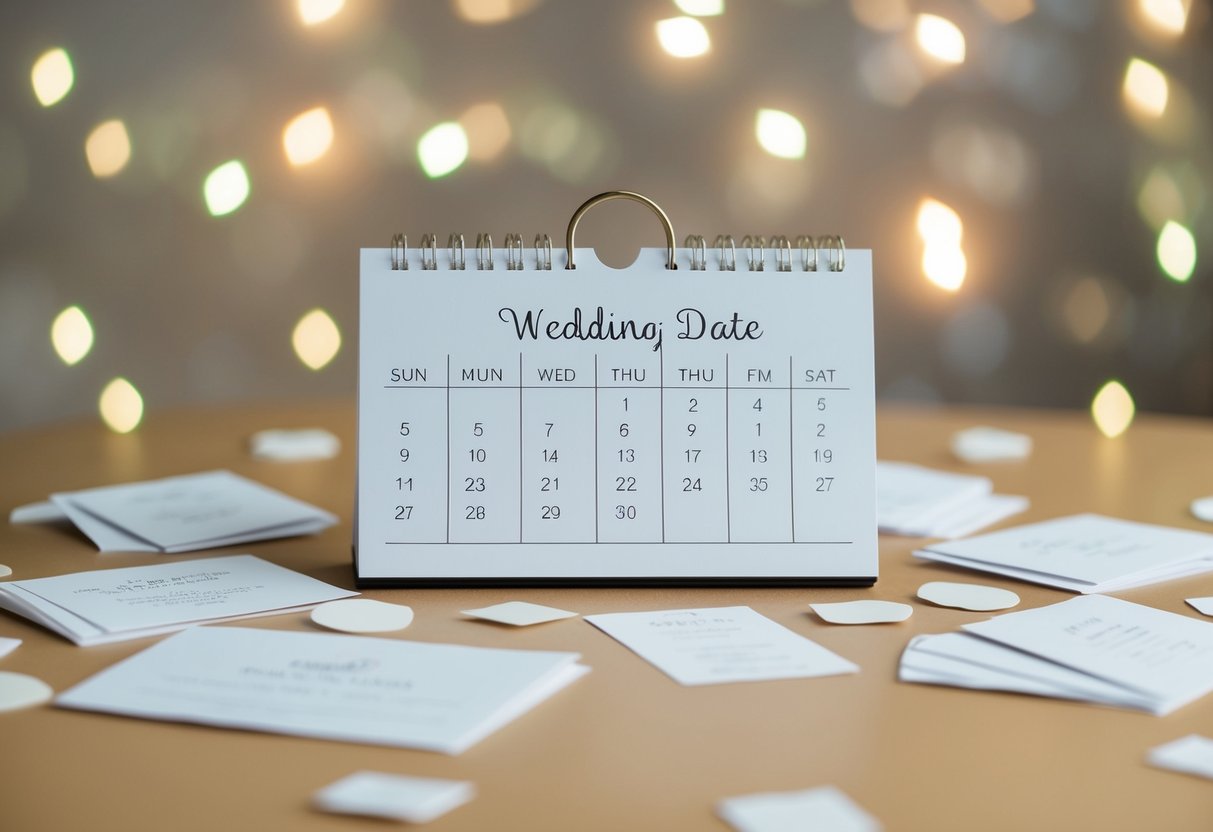 A calendar with a wedding date marked six weeks away, surrounded by scattered and unmailed invitations
