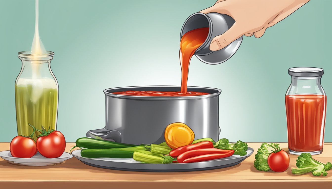 A bottle of ketchup pouring onto a pot of simmering vegetables