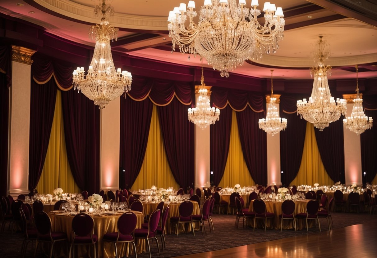 A grand ballroom adorned in shades of deep burgundy and gold, with rich velvet drapery and shimmering chandeliers casting a warm, romantic glow