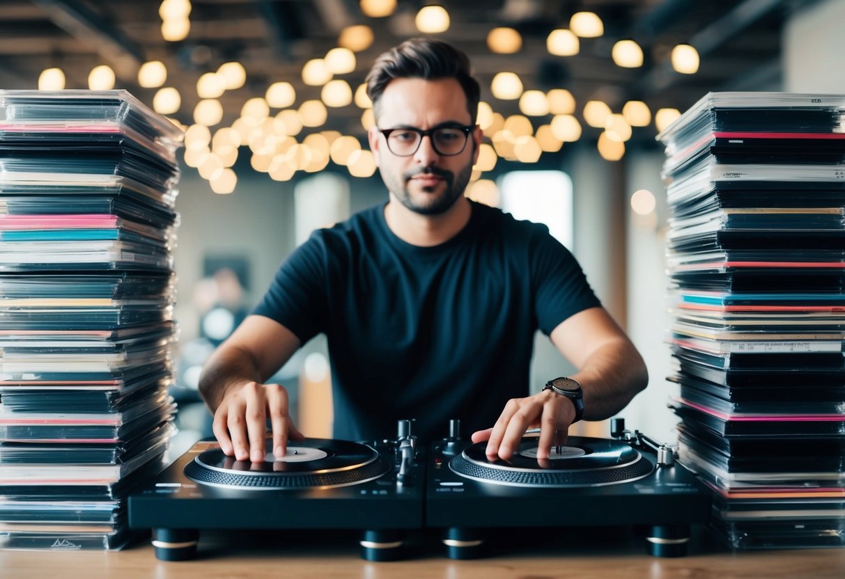 A DJ at a turntable surrounded by stacks of vinyl records and digital music files