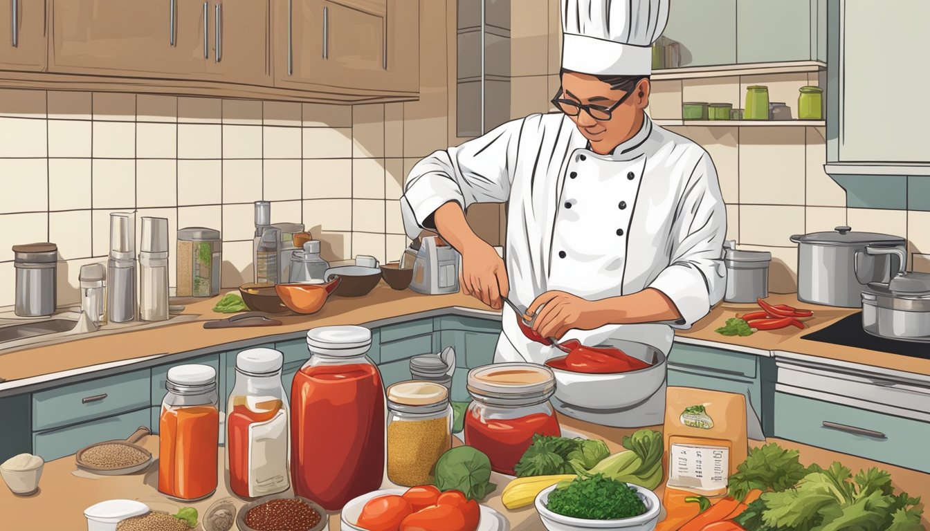 A chef pouring additional ingredients into a bowl of ketchup, surrounded by various spices and condiments on a kitchen counter