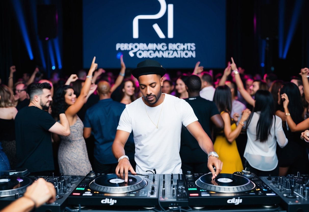 A DJ at a turntable with a crowd dancing, while a Performing Rights Organization logo is displayed prominently in the background