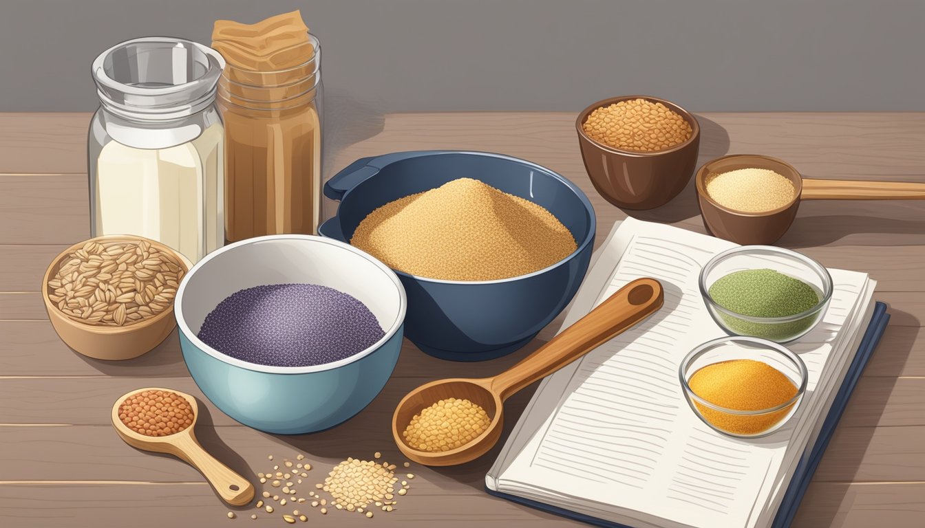 A kitchen counter with various grains and a measuring cup, a cookbook open to a page on baking substitutes, and a mixing bowl with a wooden spoon