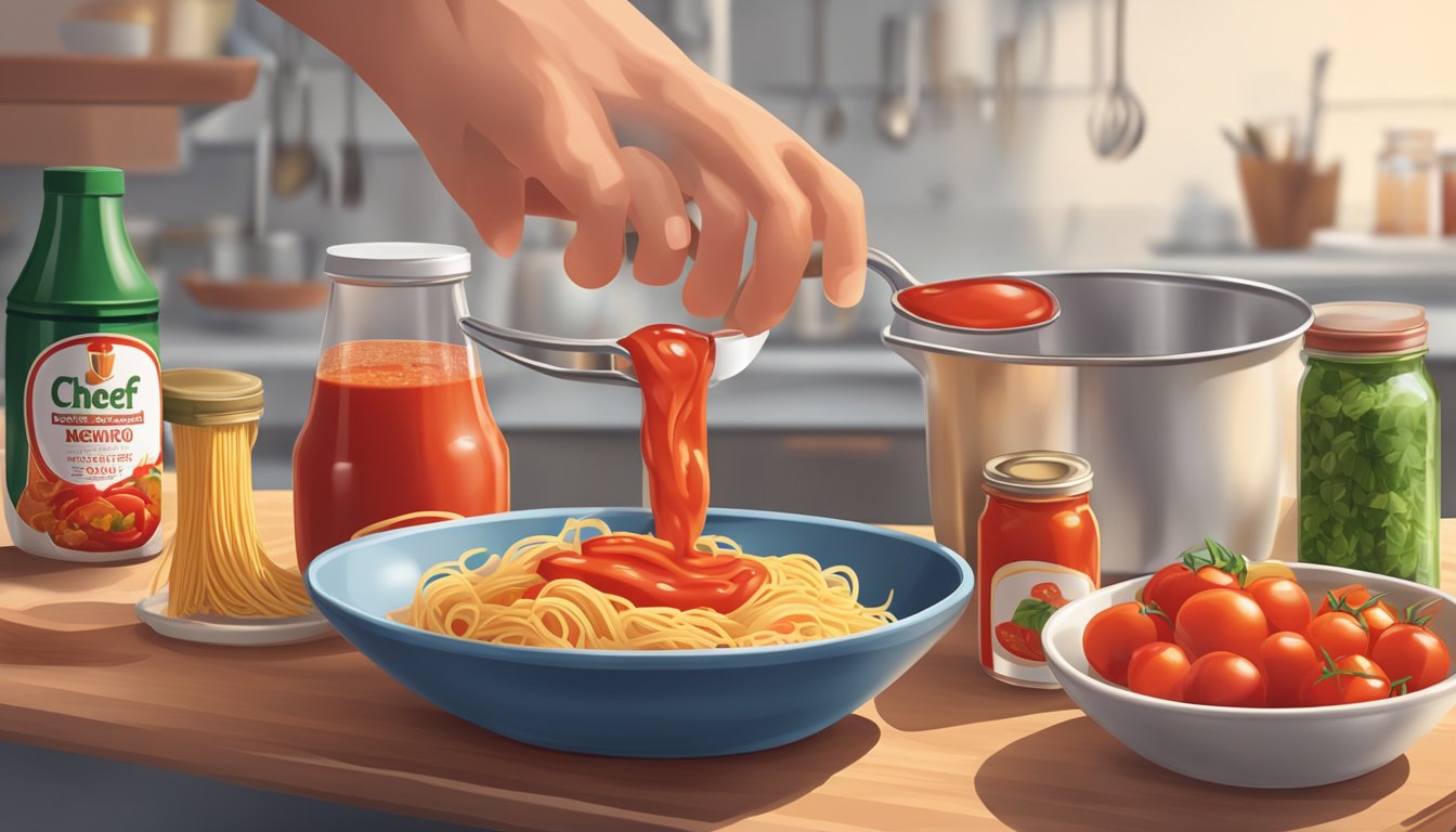 A chef pouring ketchup from a bottle into a measuring cup, next to a bowl of pasta and a can of tomato sauce