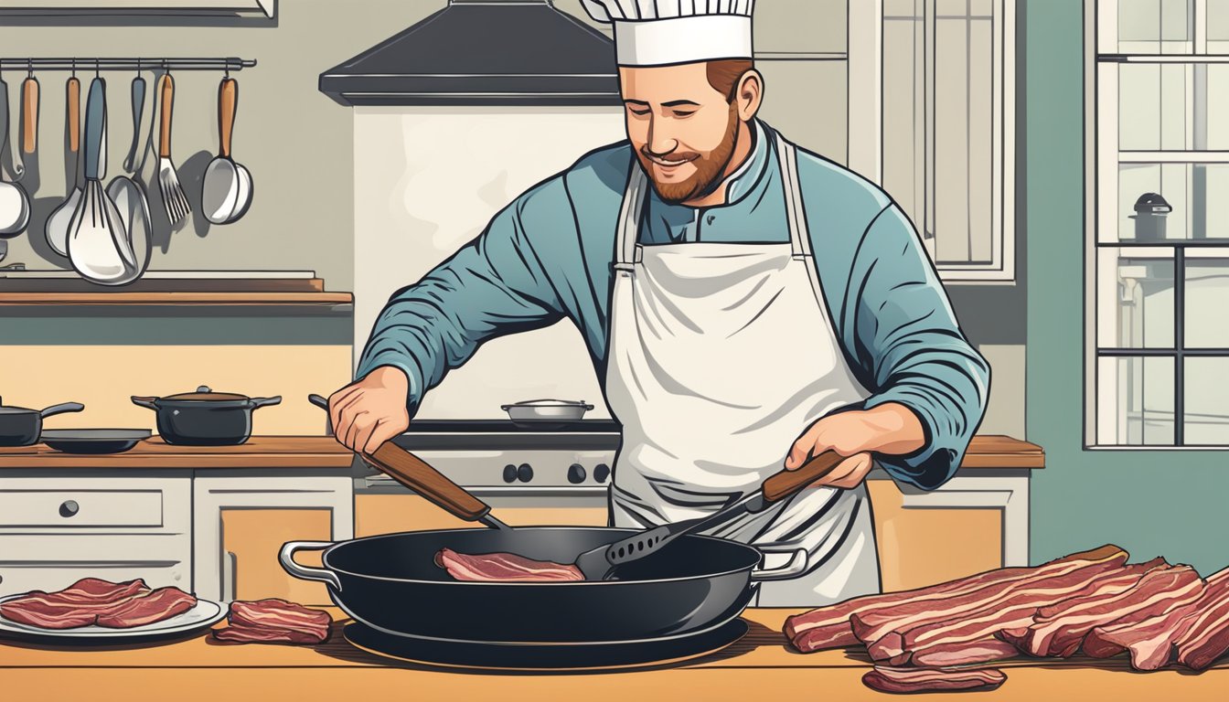 A chef swapping jowl bacon for slab bacon in a sizzling skillet. Ingredients and cooking utensils are neatly arranged on a wooden countertop