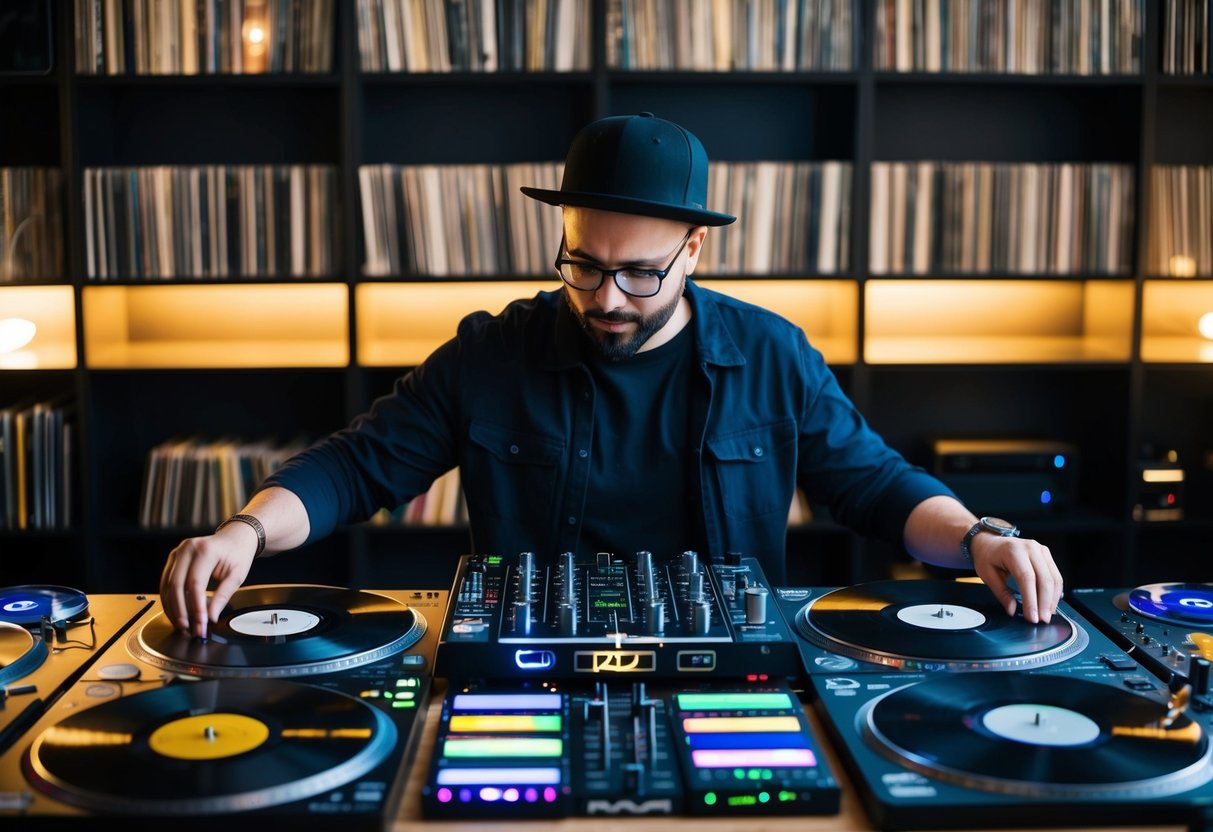 A DJ surrounded by a collection of vinyl records, CDs, and digital music files, organizing and preparing to share their mixes