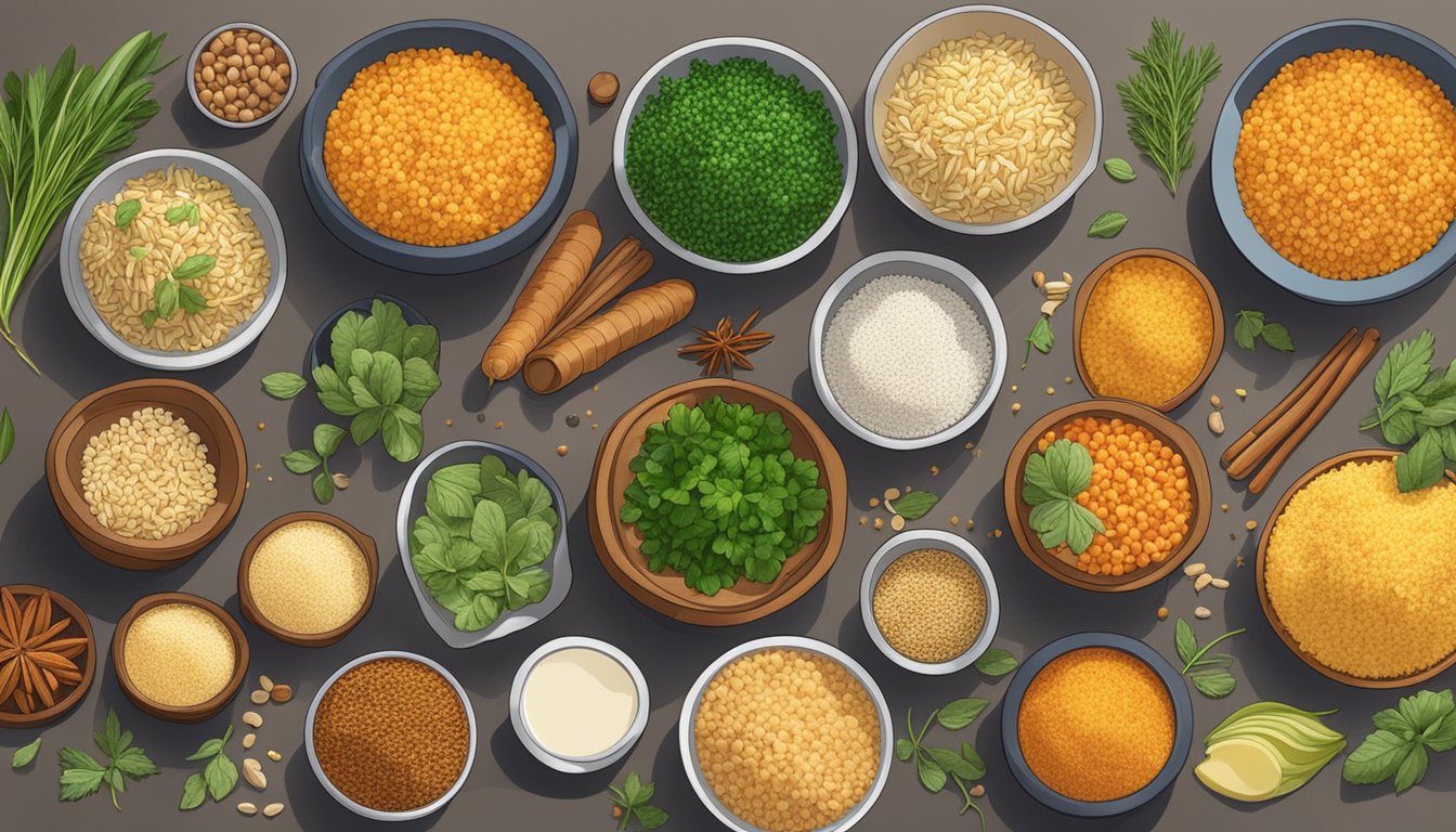 A kitchen counter with bowls of kasha and bulgur, surrounded by various pilaf ingredients like vegetables, herbs, and spices