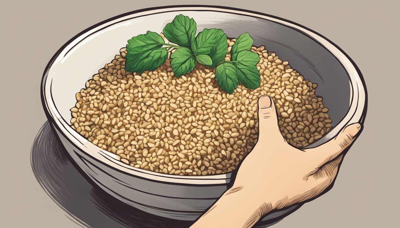 A bowl of kasha sits next to a pilaf, with a hand reaching for the kasha