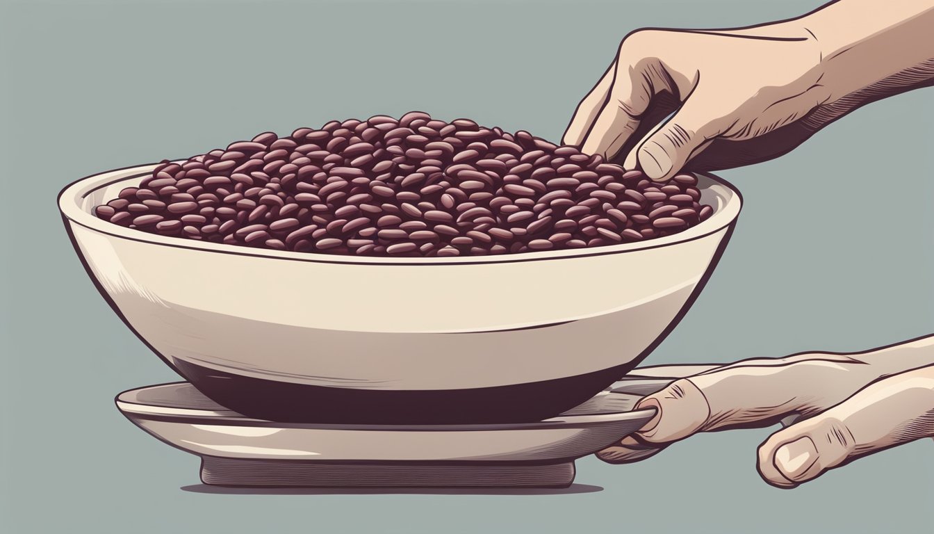 A bowl of kidney beans and red beans side by side, with a hand reaching for the kidney beans