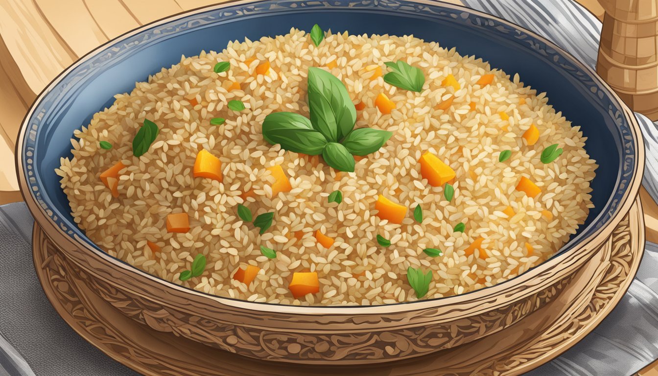 A bowl of pilaf with kasha replacing bulgur, showing the contrasting textures and flavors of the two grains